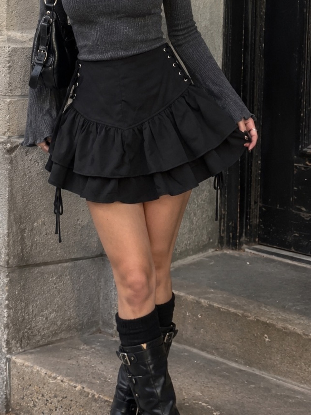Black Lace Up Corset Tiered Ruffle Mini Skirt Y2K Goth Size M